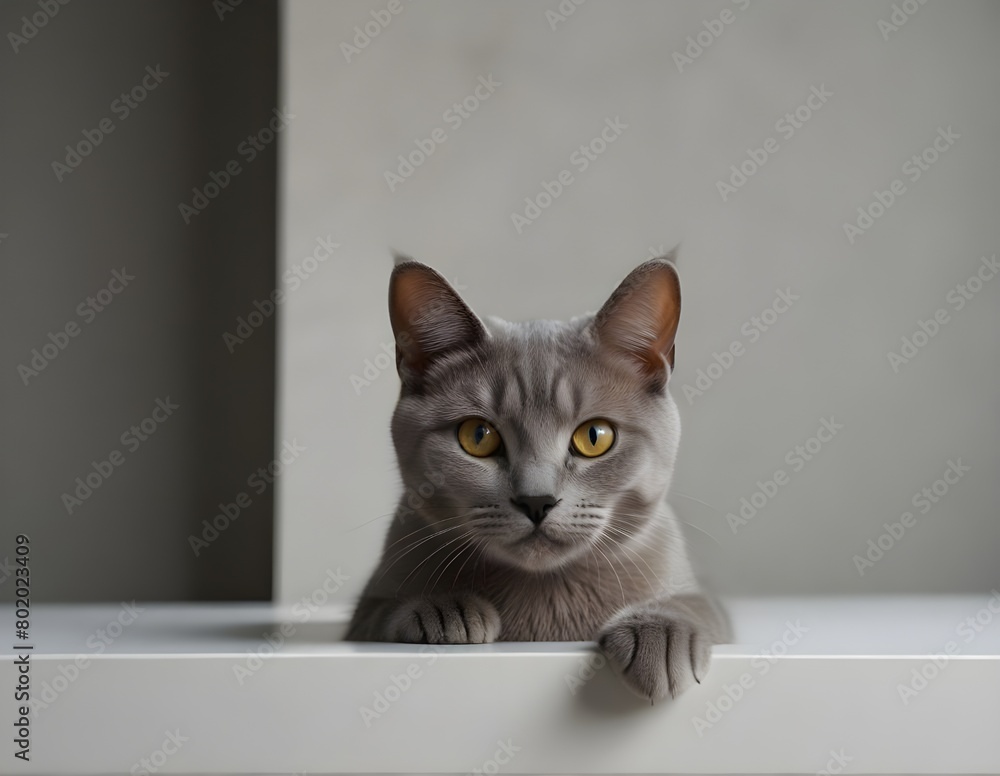 beautiful funny grey British cat peeking out from behind a white table with copy space . generative AI