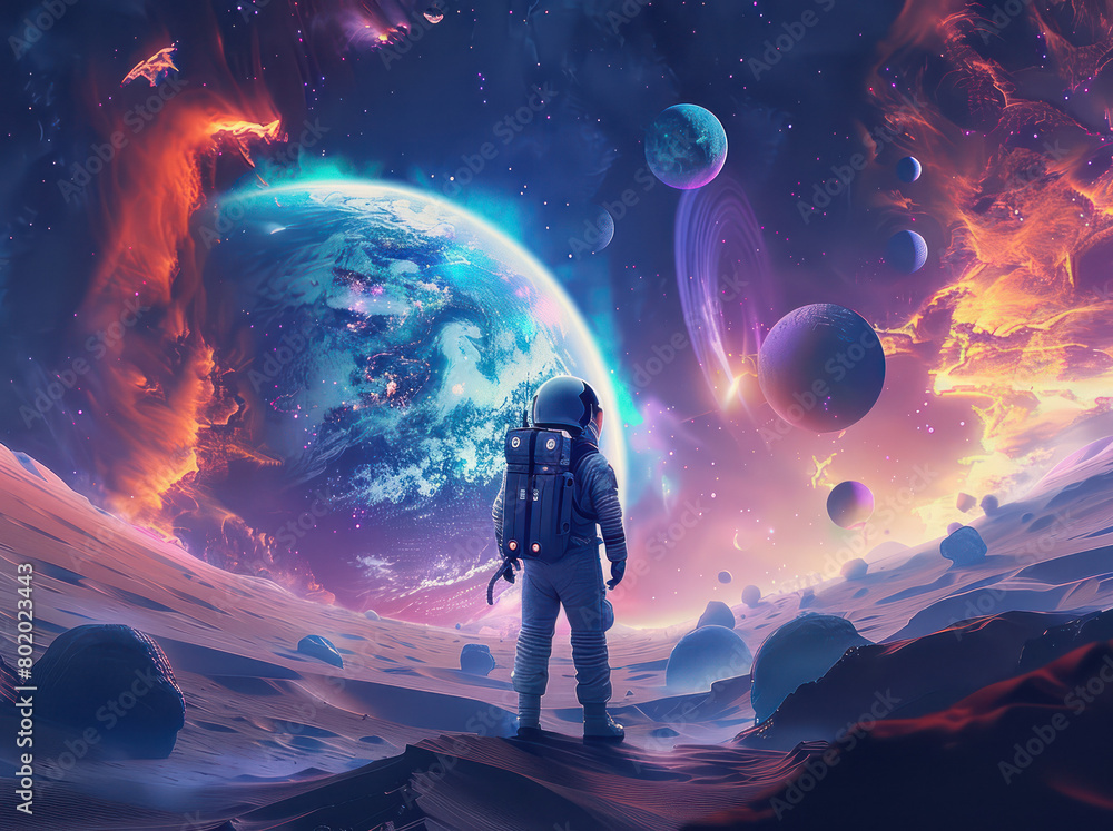 An astronaut standing on an icy planet, gazing at the vast expanse of space with Earth in view. Generative Ai Image. An astronaut standing on an icy planet, gazing at the vast expanse of space with Earth in view. Generative Ai Image.