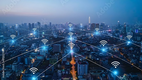 An aerial view of a smart citys interconnected network and wifi coverage. Concept Urban Infrastructure, Smart City, Aerial View, WiFi Coverage, Interconnected Network