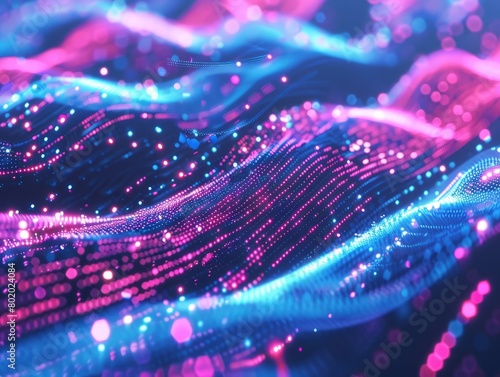 Abstract pink blue neon wave lines, bokeh lights, data transfer concept, futuristic wallpaper. 