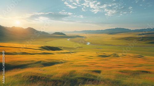 Beautiful Mongolia grassland. Generative AI.