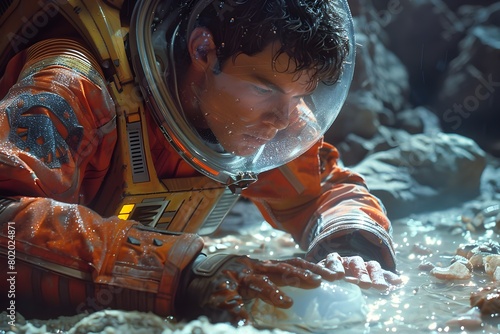 Exhausted Astronauts Struggle to Purify Water with Makeshift Contraption in Harsh Alien Environment © sathon