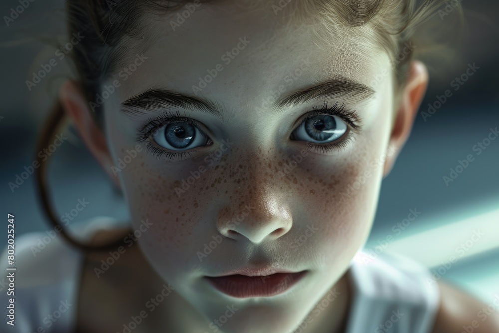 Close up of caucasian gymnastic girl looking at camera while practicing for contest. Portrait of gymnast child performing and staring at camera at gym. Blurring background. Sport gym concept. AiG42.