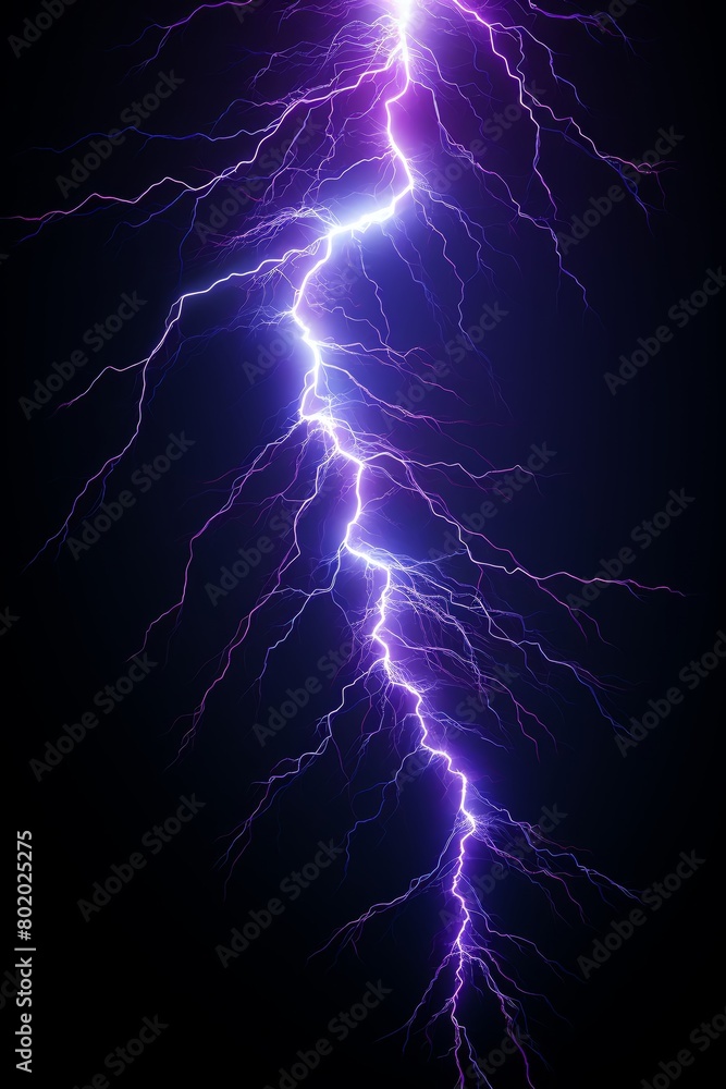 Electric lightning bolts in purple and blue on a pitchblack background, depicting energy