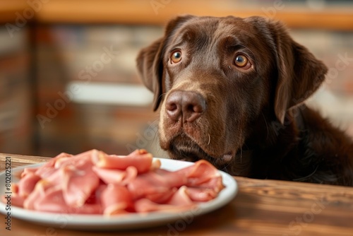 Hungry Labrador Retriever Eyes Ham Slices Generative AI