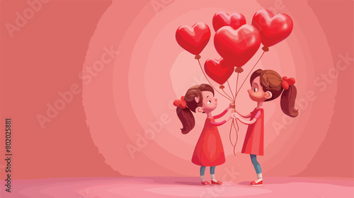 Cute little girl with heart shaped balloons on pink background