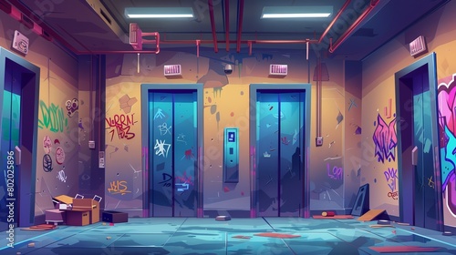 Clean hallway with open and closed elevator doors. Modern cartoon illustration of an empty lobby interior with broken lifts and graffiti on the wall. Messy hallway in ghetto house.
