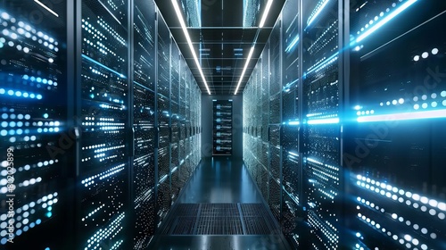 Busy Data Center Corridor: Rows of Rack Servers and Supercomputers with Internet Visualization