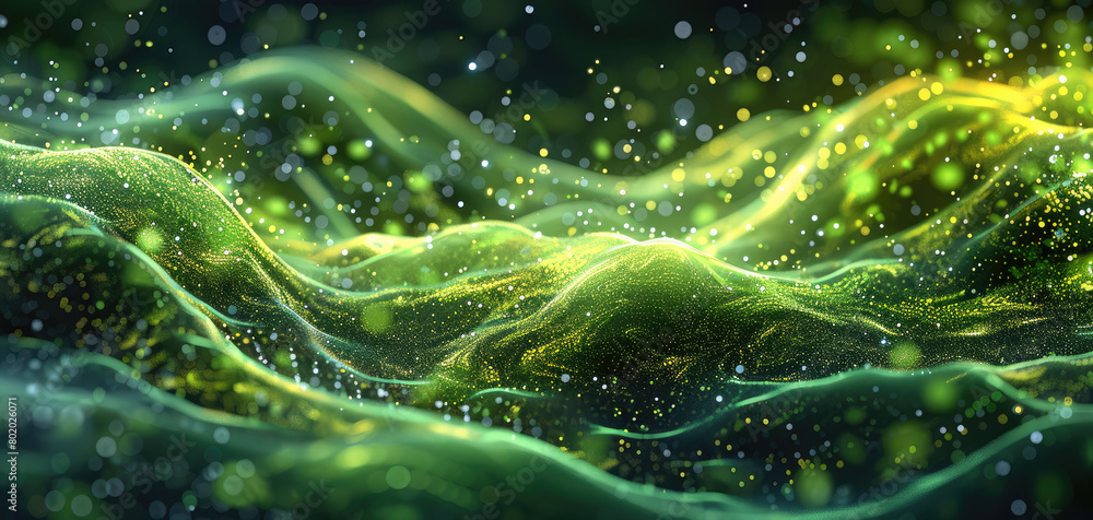 Glowing moss green wave with floating particles on a dark background. Generative AI.