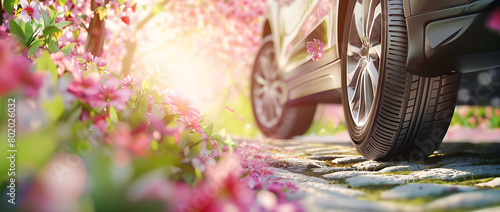 car tire placed on the grass, surrounded by blooming cherry blossoms and pink clover flowers under sunlight. The background features a clear blue sky with a gentle breeze rustling through leave photo