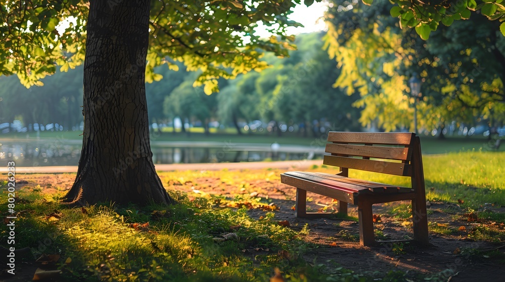 serenity of a wooden bench nestled under a tree in a tranquil park, inviting passersby to pause and enjoy the peaceful surroundings.