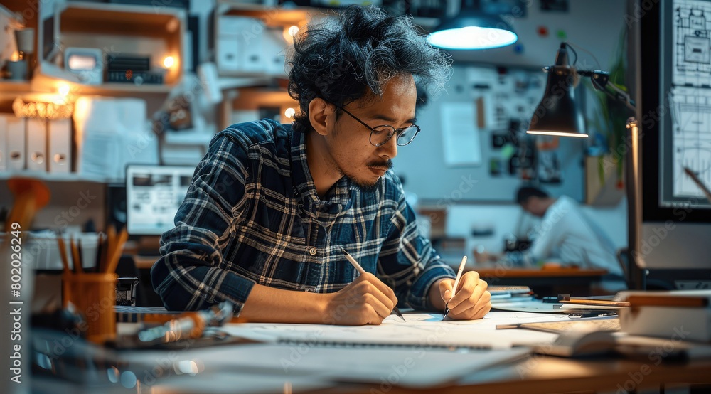 An Asian male designer is drawing blueprints at the computer desk, The table top features a modern minimalist style with computer screens. Generative AI. An Asian male designer is drawing blueprints at the computer desk, The table top features a modern minimalist style with computer screens. Generative AI.