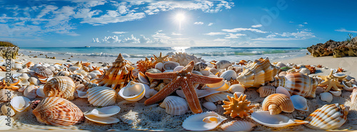 The sandy beach is covered with shells and starfish, with a blue sea background, clear sky, and a panoramic view. Bright colors and natural light