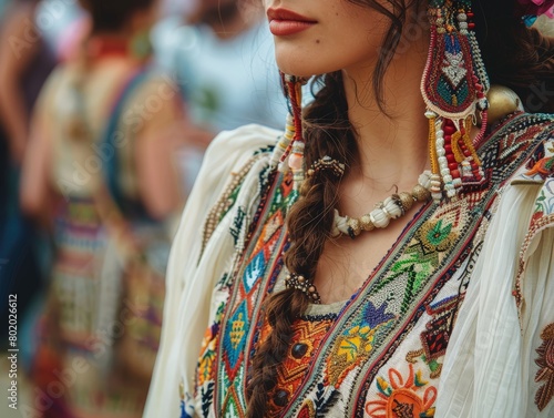 A Greek woman wearing a traditional embroidered dress during a festival.
