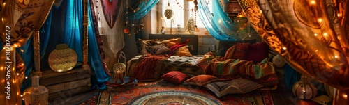 Brightly colored pillows and pillows are arranged on a colorful rug. Fortune teller concept background . Banner photo