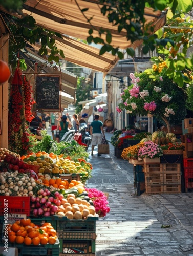 Street scene of a bustling market in Athens, with vendors selling fresh produce and flowers.