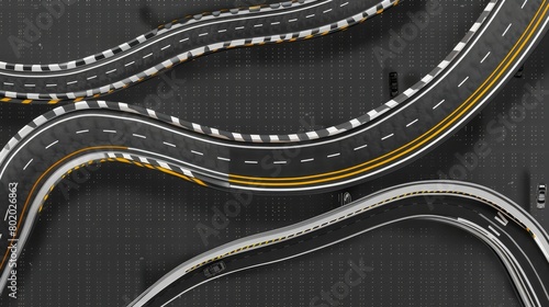 A set of curved car routes or streets, black asphalt highways with white and yellow markings. Modern realistic set surrounded by transparent background. photo