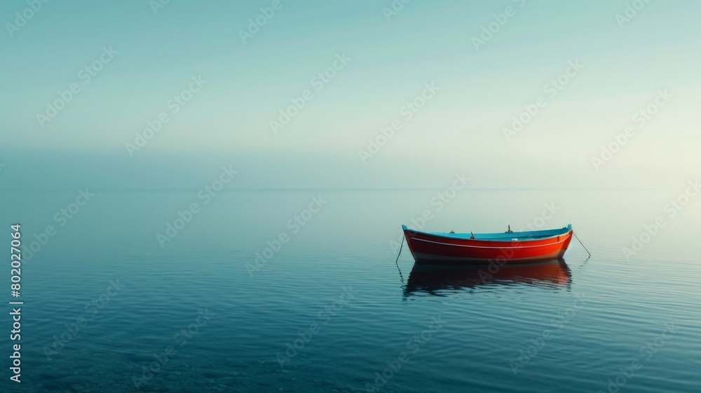 A solitary fishing boat anchored in a tranquil Greek bay.