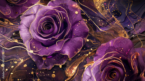 Abstract art background with purple roses and gold glitter