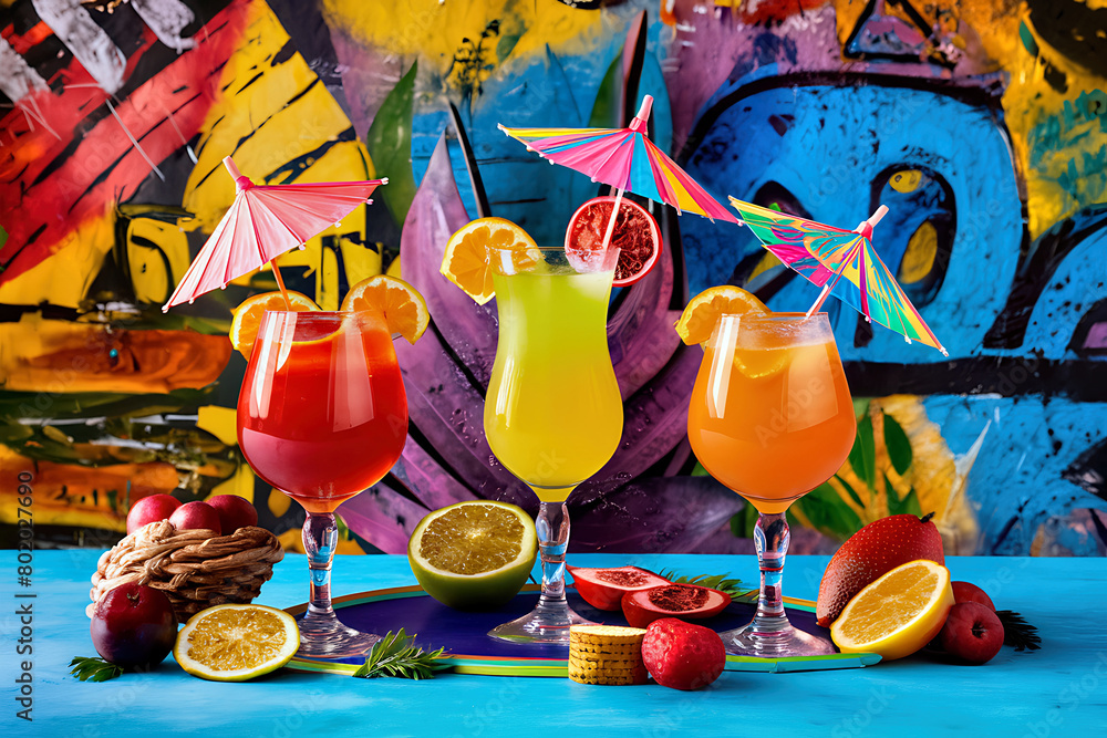 Colorful Juices and Fresh Fruits with Graffiti Backdrop