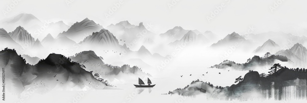 Chinese Ink Landscape Painting. Mountain and Water Illustration in Traditional Style