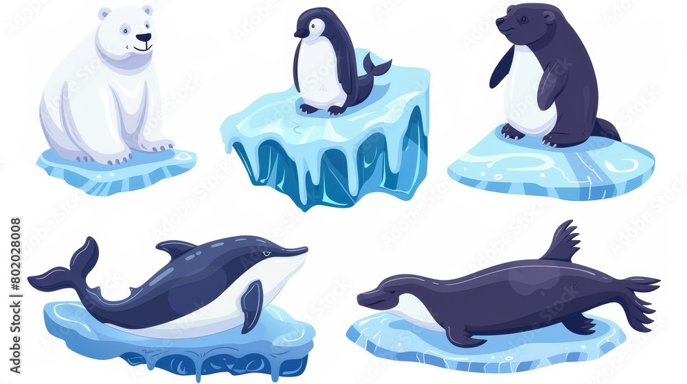 Naklejka premium Sea whale, white bear, penguin, seal, and other wild animals on ice floes. North Pole inhabitants in zoo park or outdoor area. Animals in fauna isolated on white background. Modern illustration, set