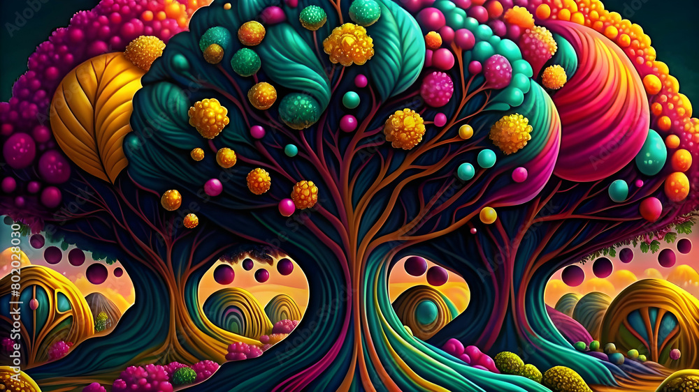 Big trees of pleasant colors with leaves like cotton and colored pearls and diamonds growing on it Big trees of pleasant colors with leaves like cotton and colored pearls and diamonds growing on it