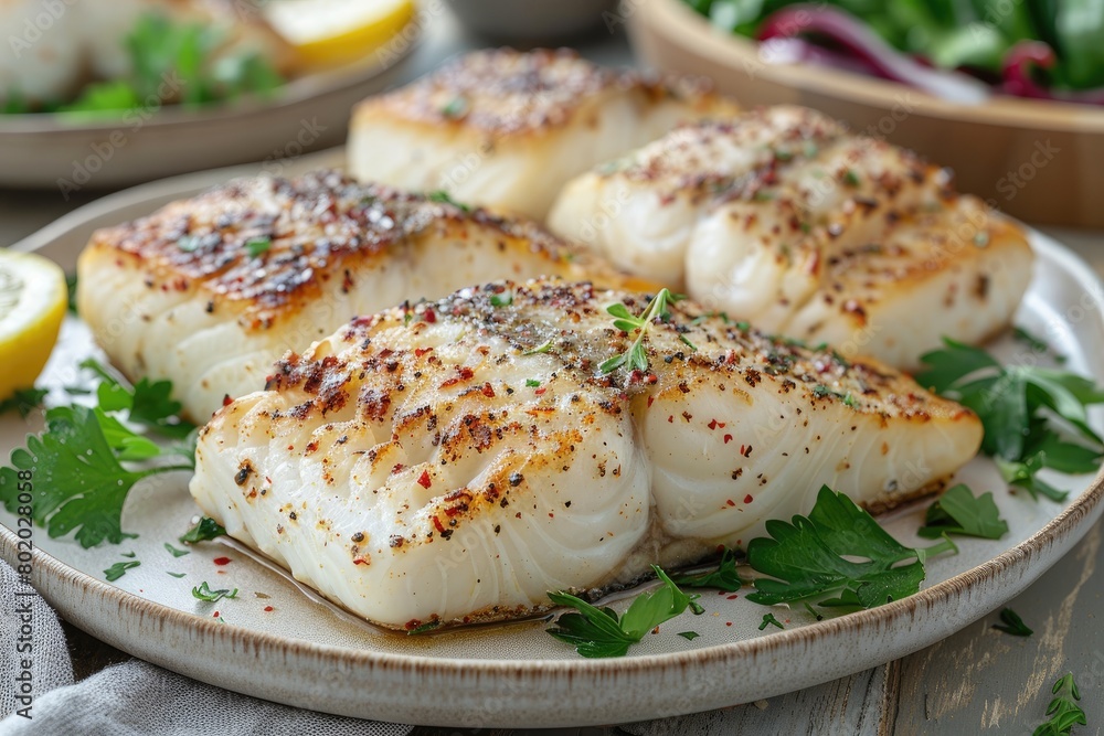 Baked halibut fillet on kitchen table plate professional advertising food photography Baked halibut fillet on kitchen table plate professional advertising food photography