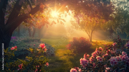 Sunrise Garden. Beautiful Park Landscape with Summer Flowers and Trees photo