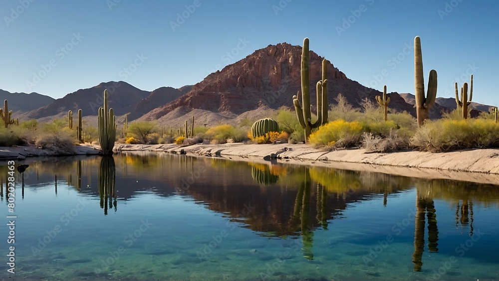 A Saguaro cactus stands in front of a desert mountain backdrop with a blue sky and a body of water in the foreground.