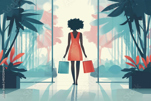 Woman in red dress holding shopping bags photo