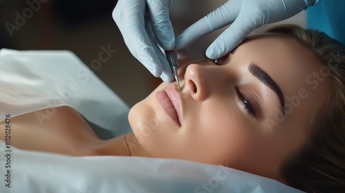 Young woman undergoing procedure of eyelashes lamination Beauty salon.