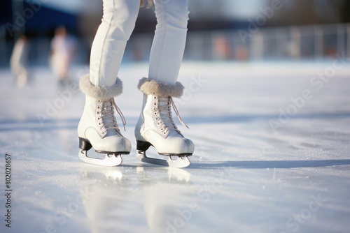 Close-up of outdoor ice skating, showing skates on the ice. © OhmArt