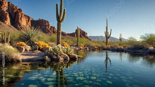 A Saguaro cactus stands in front of a desert mountain backdrop with a blue sky and a body of water in the foreground. photo