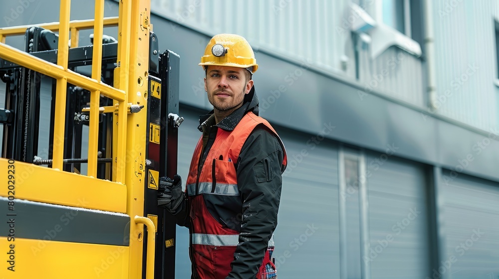 A happy construction worker standing next to a brand new Order Picker with a fully extended arm, outdoor industrial setting. Generative AI. A happy construction worker standing next to a brand new Order Picker with a fully extended arm, outdoor industrial setting. Generative AI.