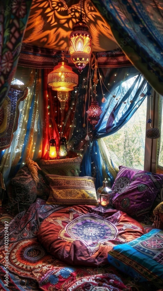 Fototapeta premium Brightly colored bed with a canopy and a lamp in a room. Fortune teller concept background. Vertical background