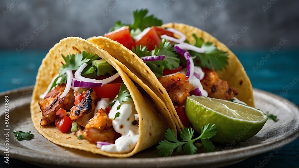 Mexican tacos with grilled fish, avocado, onion and cilantro Mexican tacos with grilled fish, avocado, onion and cilantro