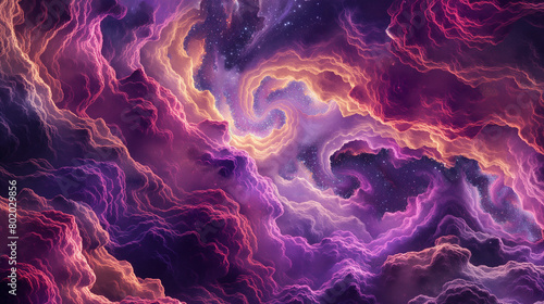 Mystical cloudscape in shades of purple and pink, creating an otherworldly atmosphere with ethereal shapes and dreamlike features. The background is a deep spacelike void photo