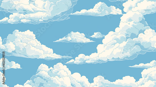 A seamless pattern of white clouds on blue sky, illustrated in the style of children's book. The design incorporates light babyblue and softwhite colors photo