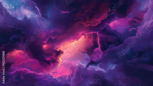 A surreal digital artwork depicting an ethereal sky filled with vibrant purple and pink clouds, evoking the sense of magic in space