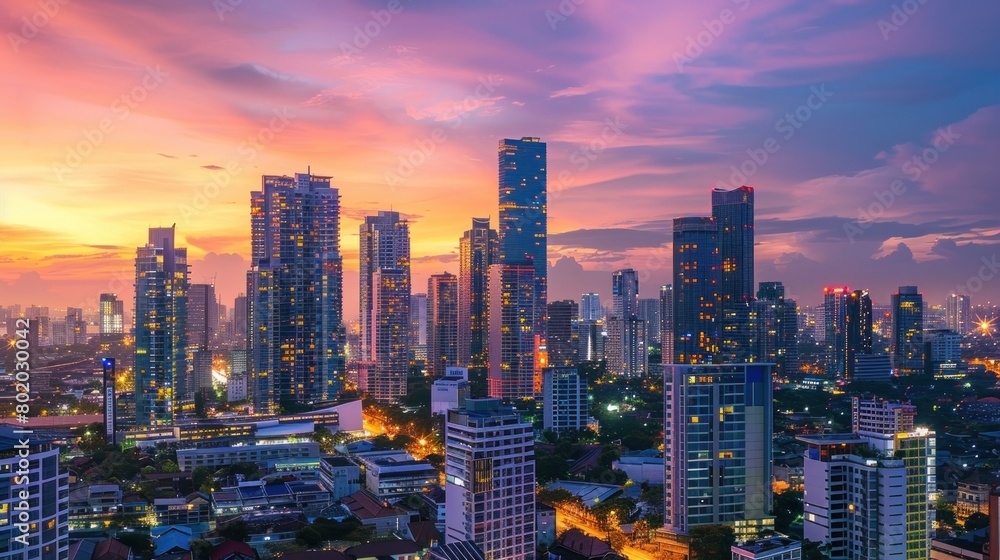 custom made wallpaper toronto digitalDowntown cityscape with contemporary residential buildings under colorful sunset sky at night Ai generated