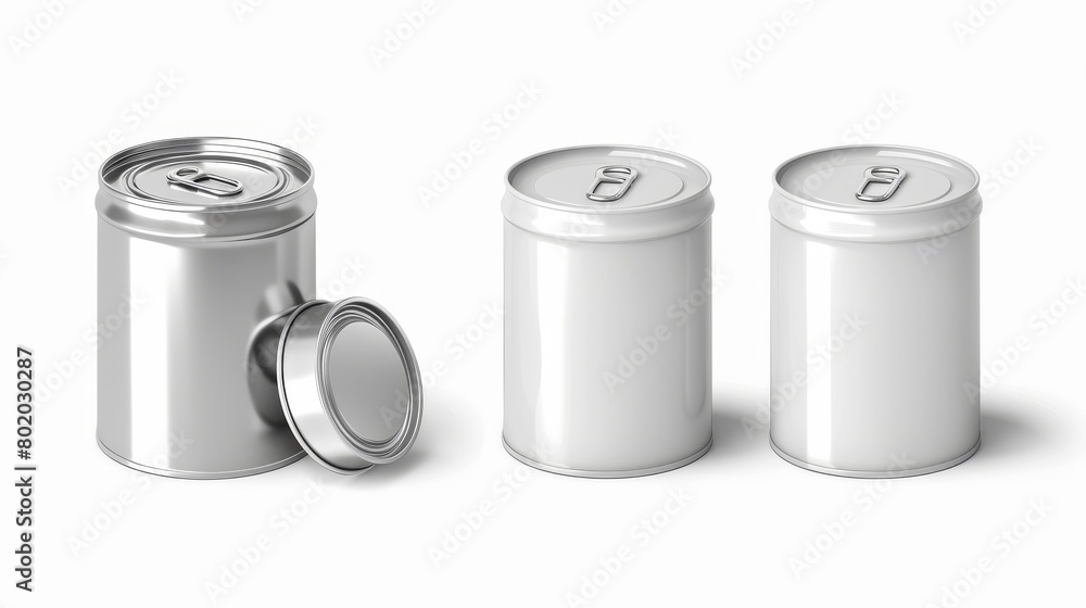 Realistic 3d modern icons set of a tin can with pull ring side view. Cylinder food metal cans with open key lids in silver, white, blue and green colors. Realistic 3d modern icons set of a tin can with pull ring side view. Cylinder food metal cans with open key lids in silver, white, blue and green colors.