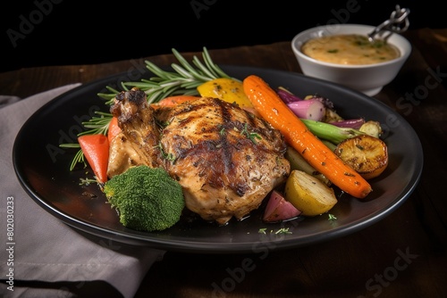 a plate of food with chicken and vegetables on it.