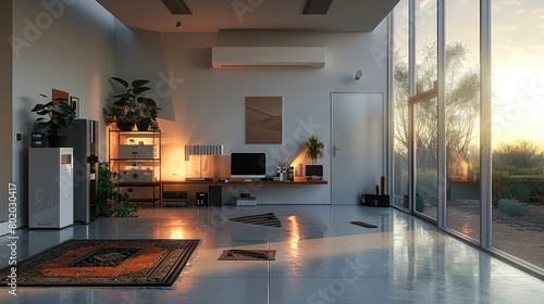A modern home office, brightly lit with large windows. A sleek, wall-mounted inverter in the background powering a computer and other electronic devices. Generative AI.