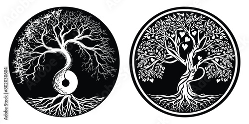 tree of life vector illustration. Tree Inside Circle, yin yang symbol, logo, vector black tree of live icon on white background photo