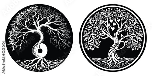 tree of life vector illustration. Tree Inside Circle, yin yang symbol, logo, vector black tree of live icon on white background