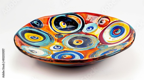 A ceramic plate with a bold and colorful pattern created through the layering technique where multiple layers of glaze were applied..