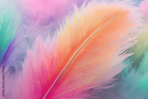 Abstract feather rainbow patchwork background. Closeup image of white fluffy feather under colorful pastel neon foggy mist. Fashion Color Trends Spring Summer - soft focus.