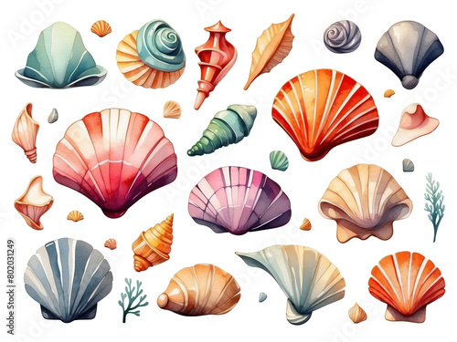 Set of watercolor multicolored seashells isolated on white background