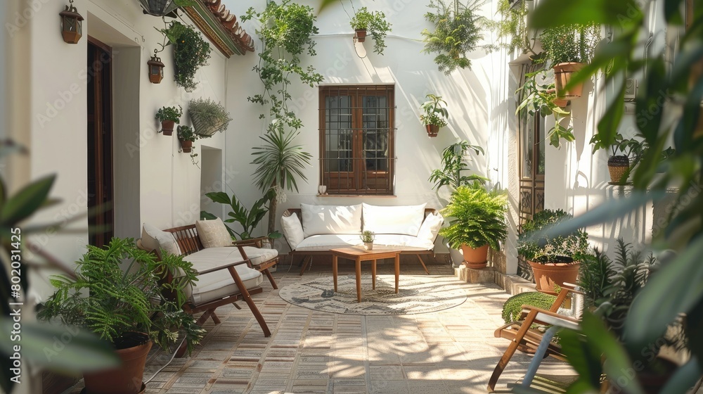 Fototapeta premium Small patio in a townhouse, white painted walls. Generative AI.